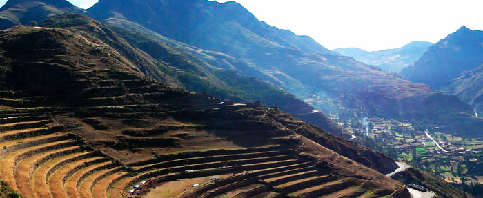Image taken from above of terraces in the Peruvian Andes