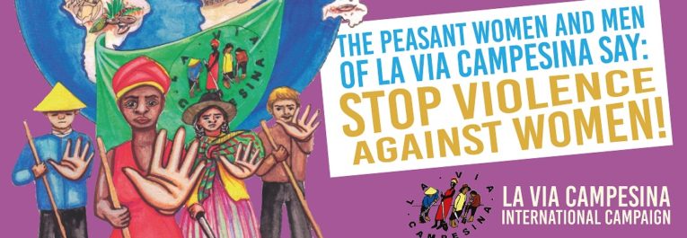 A poster from La Via Campesina picturing 4 peasants from different cultures, a globe, the La Via Campesina flag, and banner that says the peasant women and men of La Via Campesina say: stop violence against women