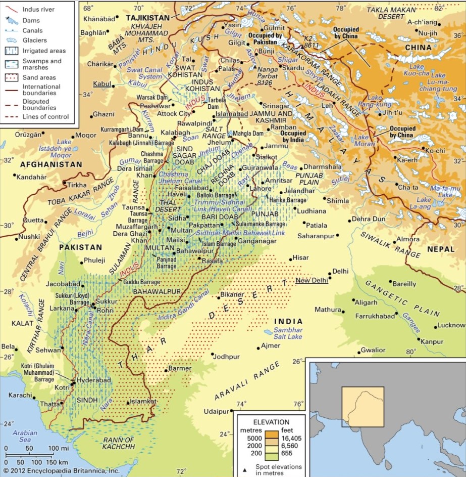 A map from Encyclopedia Britannica (2012) displaying the extent of the Indus River System and the land use types within its bounds, along with the geographical borders and population centers throughout the region.